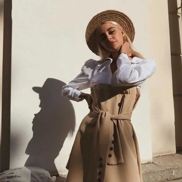 Faux Overlay Trench Skirt With Dress Shirt Dress White Khaki - Picture 7 of 15